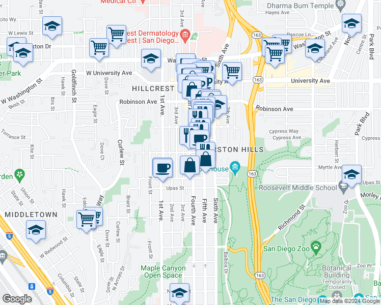 map of restaurants, bars, coffee shops, grocery stores, and more near 4th Avenue in San Diego