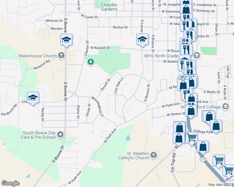 map of restaurants, bars, coffee shops, grocery stores, and more near 206 West Ridge Street in Weatherford