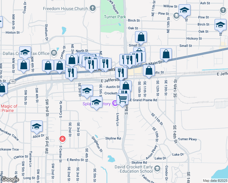 map of restaurants, bars, coffee shops, grocery stores, and more near 609 Austin Street in Grand Prairie