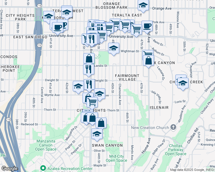 map of restaurants, bars, coffee shops, grocery stores, and more near 3565 Highland Avenue in San Diego