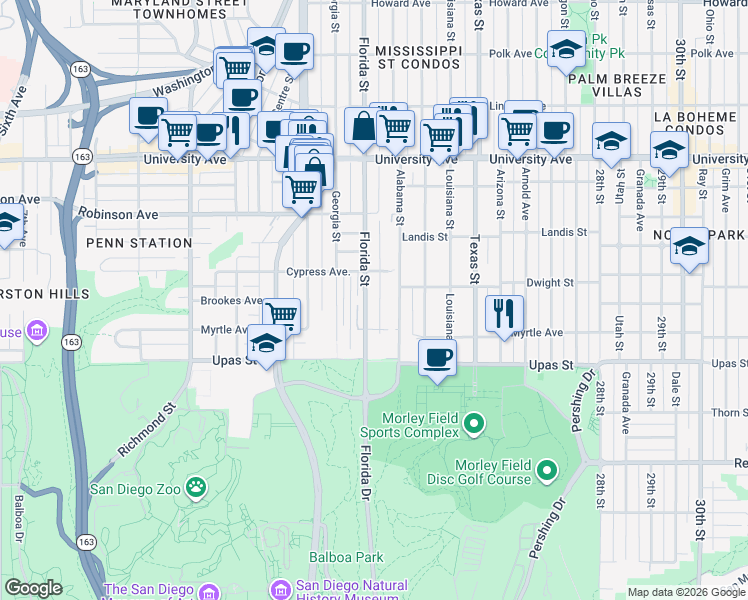 map of restaurants, bars, coffee shops, grocery stores, and more near 3606 Florida Street in San Diego