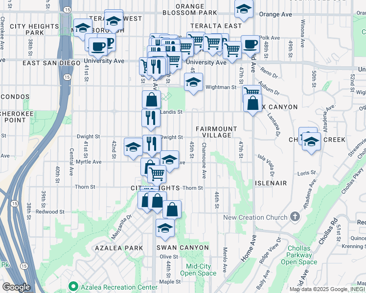 map of restaurants, bars, coffee shops, grocery stores, and more near 3565 Highland Avenue in San Diego