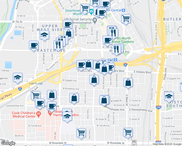 map of restaurants, bars, coffee shops, grocery stores, and more near 701 West Vickery Boulevard in Fort Worth