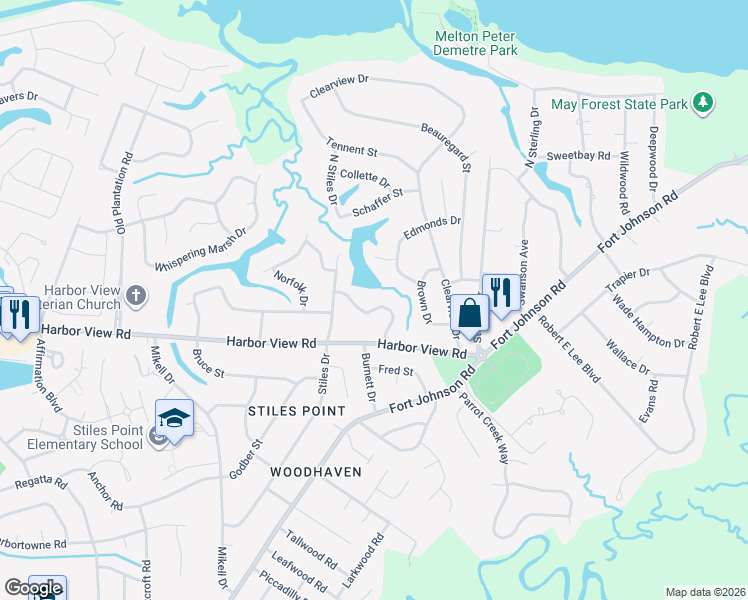 map of restaurants, bars, coffee shops, grocery stores, and more near 676 Ayers Drive in Charleston