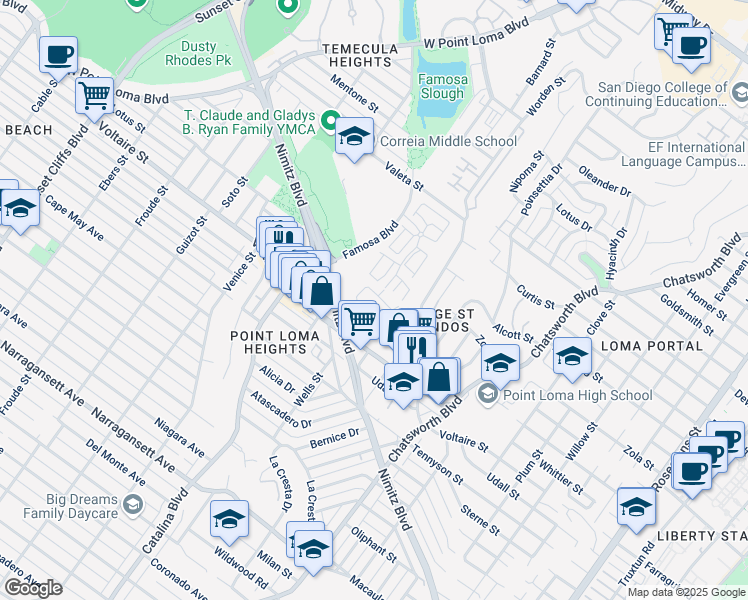 map of restaurants, bars, coffee shops, grocery stores, and more near 2296 Caminito Pajarito in San Diego