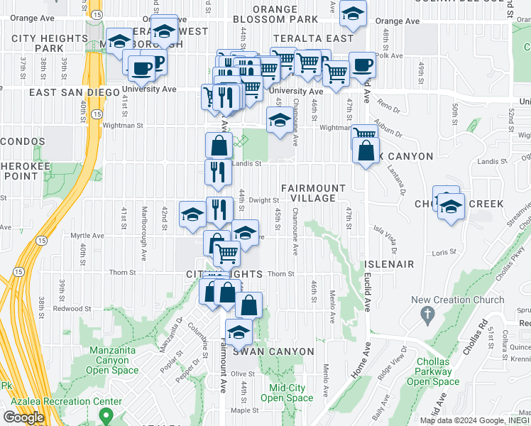 map of restaurants, bars, coffee shops, grocery stores, and more near 3565 Highland Avenue in San Diego