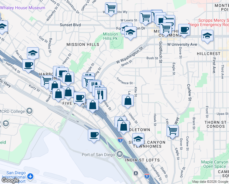 map of restaurants, bars, coffee shops, grocery stores, and more near 1596 Linwood Street in San Diego