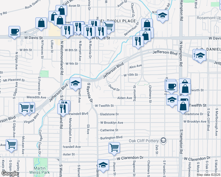 map of restaurants, bars, coffee shops, grocery stores, and more near 2831 Claudette Avenue in Dallas