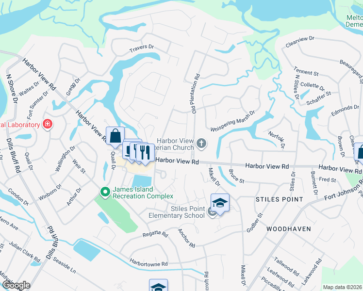 map of restaurants, bars, coffee shops, grocery stores, and more near 505 Yellow Tower Terrace in Charleston