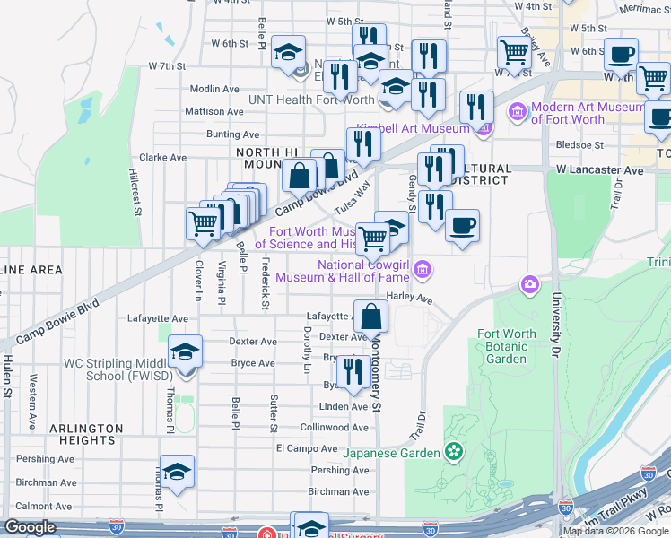 map of restaurants, bars, coffee shops, grocery stores, and more near 3644 Washburn Avenue in Fort Worth