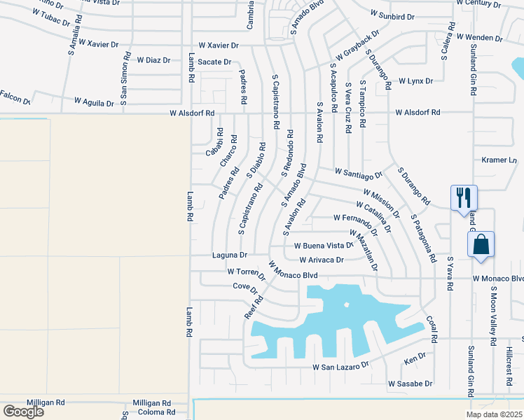 map of restaurants, bars, coffee shops, grocery stores, and more near 15040 South Redondo Road in Arizona City