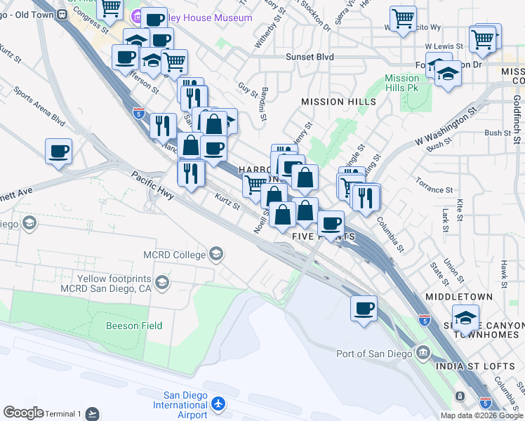 map of restaurants, bars, coffee shops, grocery stores, and more near 1929 Hancock Street in San Diego