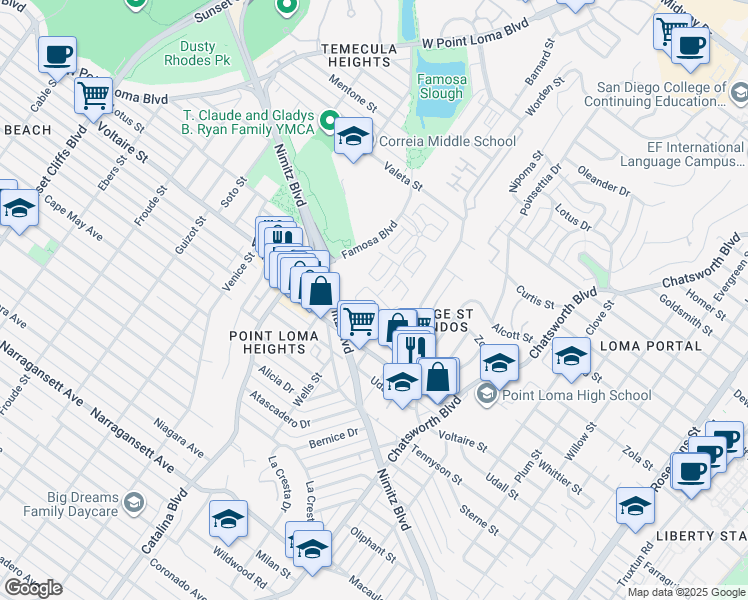 map of restaurants, bars, coffee shops, grocery stores, and more near 2298 Caminito Pajarito in San Diego