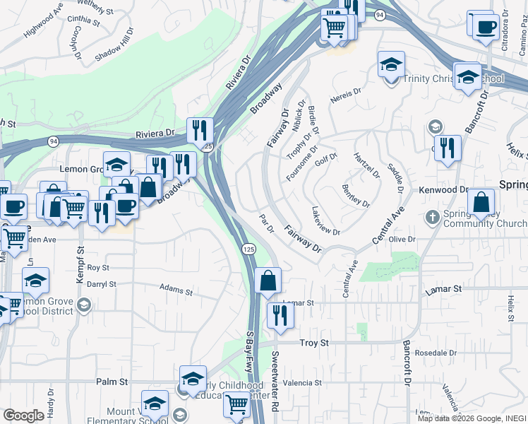 map of restaurants, bars, coffee shops, grocery stores, and more near 3381 Par Drive in La Mesa