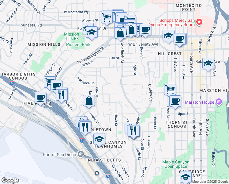 map of restaurants, bars, coffee shops, grocery stores, and more near 1002 West Brookes Avenue in San Diego