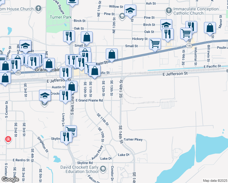 map of restaurants, bars, coffee shops, grocery stores, and more near 300 Southeast 13th Street in Grand Prairie