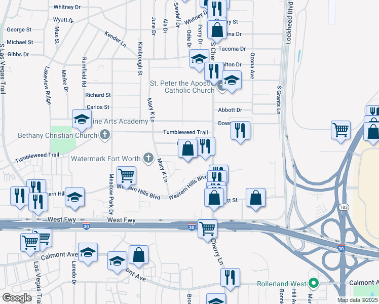 map of restaurants, bars, coffee shops, grocery stores, and more near 7920 Emerald Crest Drive in Fort Worth
