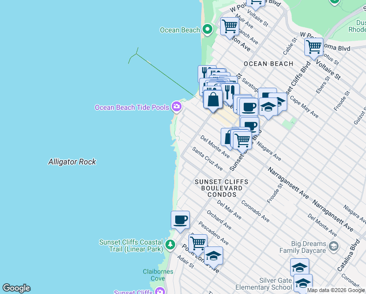 map of restaurants, bars, coffee shops, grocery stores, and more near 5015 Santa Cruz Avenue in San Diego