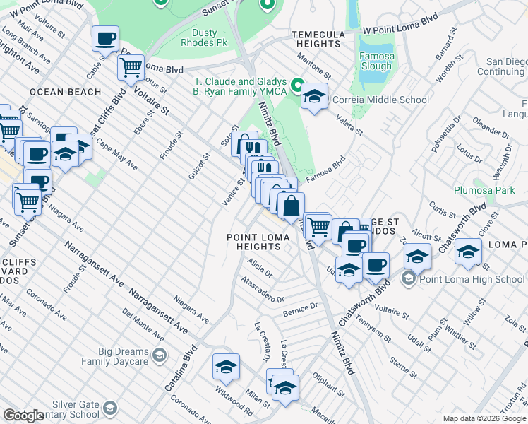 map of restaurants, bars, coffee shops, grocery stores, and more near 2154 Catalina Boulevard in San Diego
