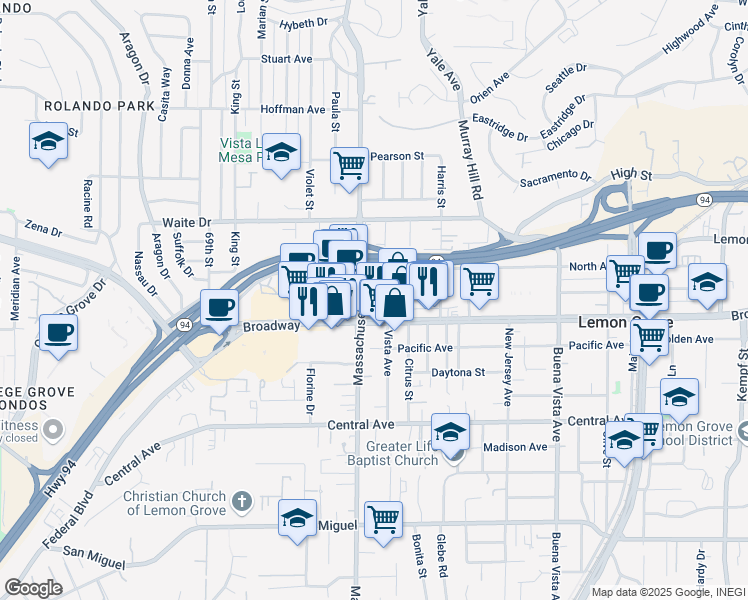 map of restaurants, bars, coffee shops, grocery stores, and more near 7224 Broadway in Lemon Grove