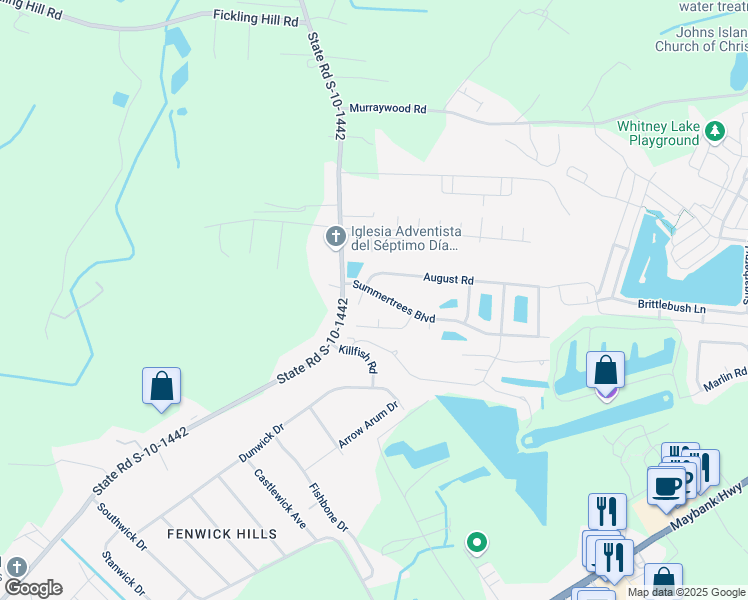 map of restaurants, bars, coffee shops, grocery stores, and more near 2877 Summertrees Boulevard in Johns Island