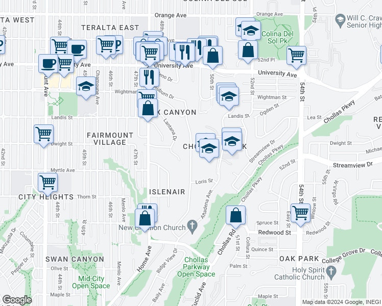 map of restaurants, bars, coffee shops, grocery stores, and more near Auburn Drive in San Diego