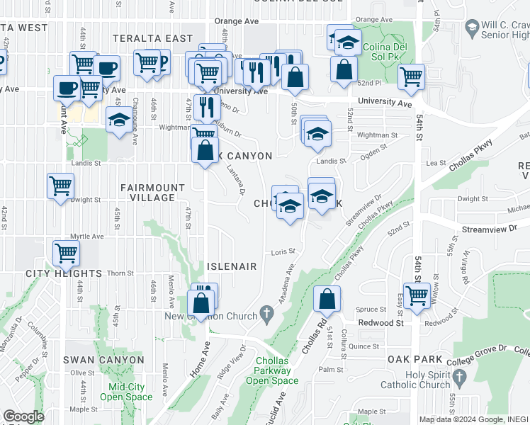 map of restaurants, bars, coffee shops, grocery stores, and more near 5049 Auburn Drive in San Diego