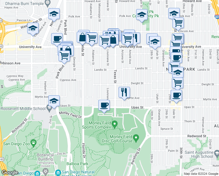 map of restaurants, bars, coffee shops, grocery stores, and more near 3577 Louisiana Street in San Diego