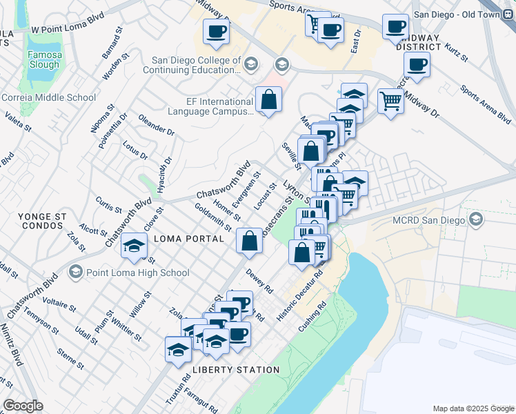 map of restaurants, bars, coffee shops, grocery stores, and more near 3045 James Street in San Diego
