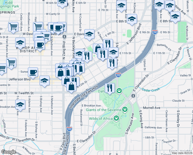 map of restaurants, bars, coffee shops, grocery stores, and more near 310 East 12th Street in Dallas