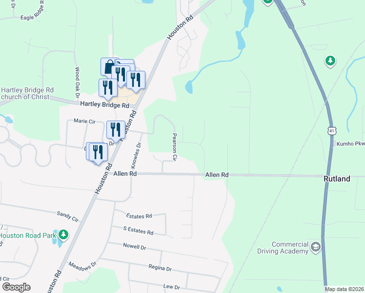 map of restaurants, bars, coffee shops, grocery stores, and more near 107 Allentown Lane in Macon