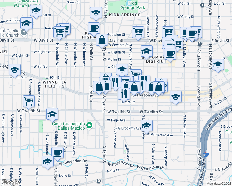 map of restaurants, bars, coffee shops, grocery stores, and more near 801d Jefferson Boulevard in Dallas