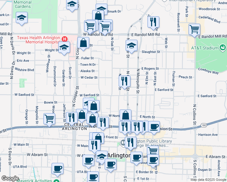 map of restaurants, bars, coffee shops, grocery stores, and more near 507 North Oak Street in Arlington