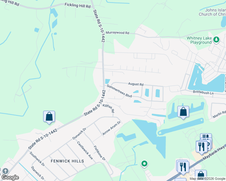 map of restaurants, bars, coffee shops, grocery stores, and more near 2877 Summertrees Boulevard in Johns Island