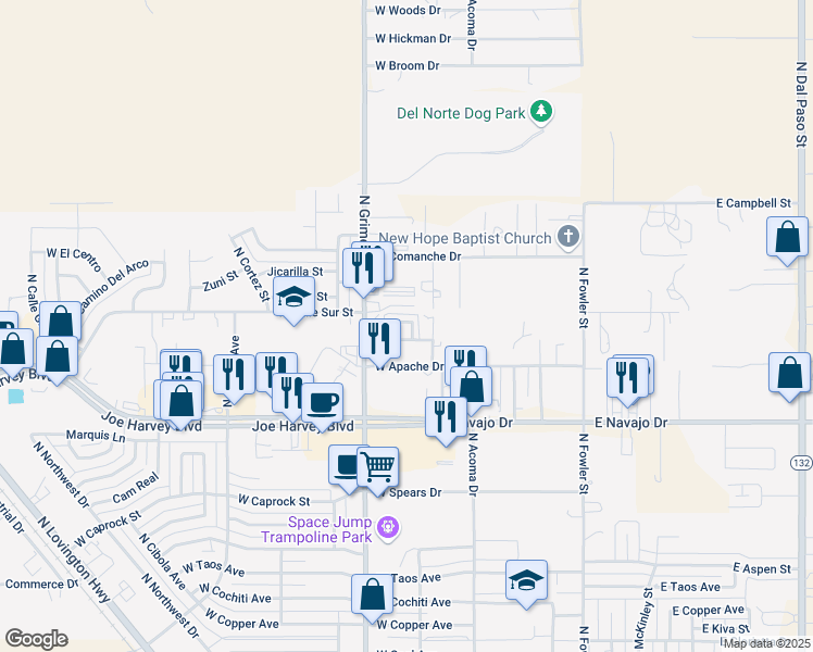 map of restaurants, bars, coffee shops, grocery stores, and more near 24 Stonecrest Court in Hobbs