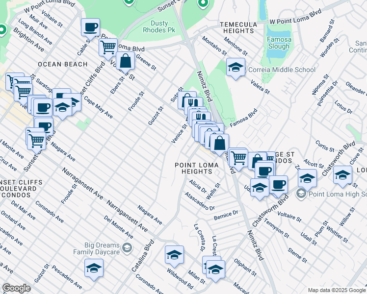 map of restaurants, bars, coffee shops, grocery stores, and more near Mendocino Boulevard in San Diego