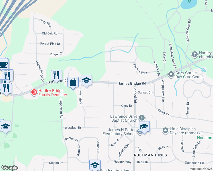 map of restaurants, bars, coffee shops, grocery stores, and more near 3904 Hartley Bridge Road in Macon