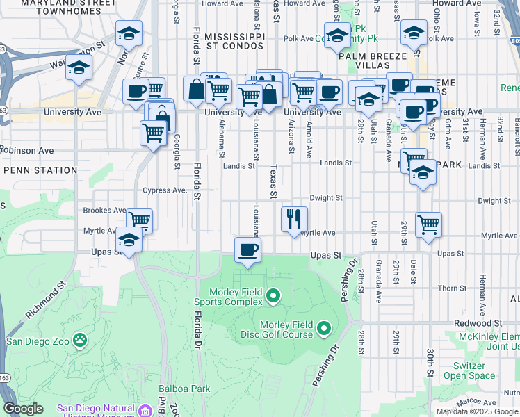 map of restaurants, bars, coffee shops, grocery stores, and more near 3577 Louisiana Street in San Diego