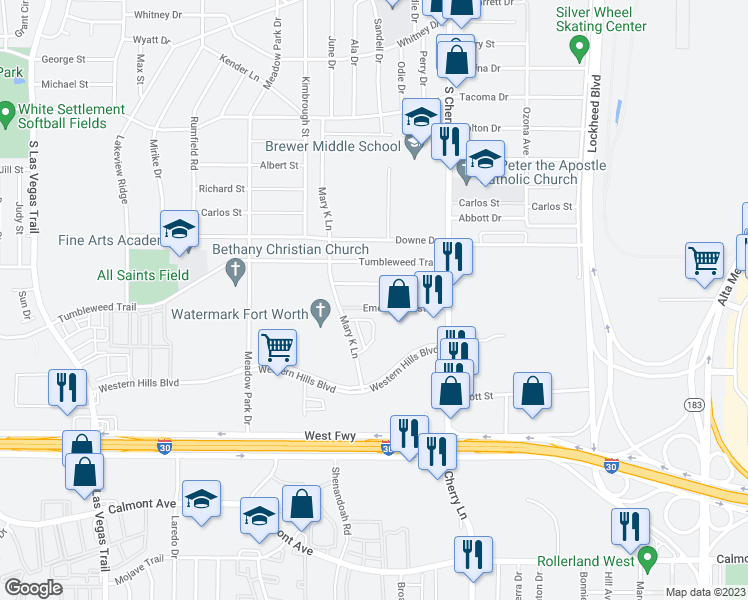 map of restaurants, bars, coffee shops, grocery stores, and more near 8008 Emerald Crest Drive in White Settlement