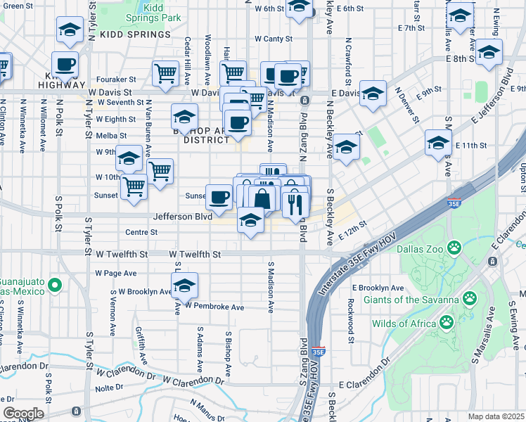 map of restaurants, bars, coffee shops, grocery stores, and more near 333 Jefferson Boulevard in Dallas