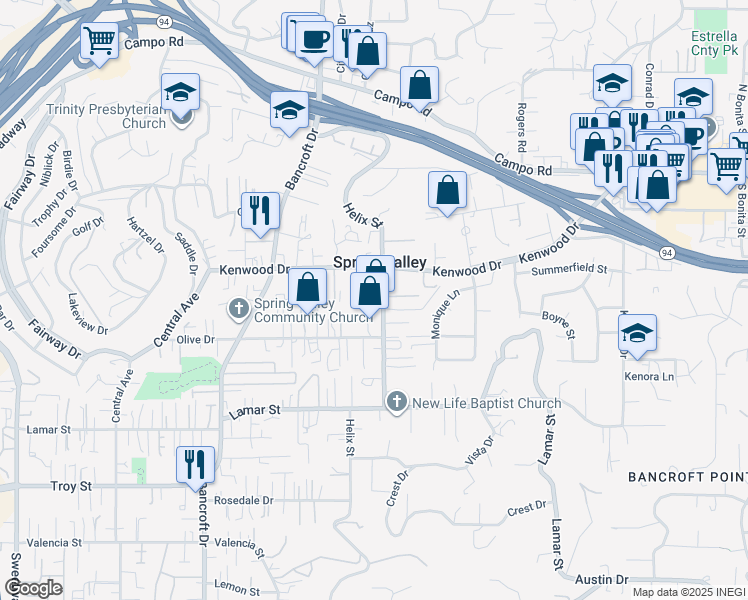 map of restaurants, bars, coffee shops, grocery stores, and more near 3404 Helix Street in Spring Valley