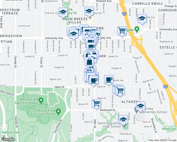map of restaurants, bars, coffee shops, grocery stores, and more near 2938 Capps Street in San Diego