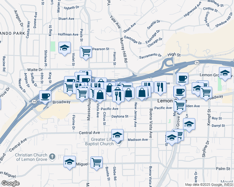 map of restaurants, bars, coffee shops, grocery stores, and more near 3463 Harris Street in Lemon Grove