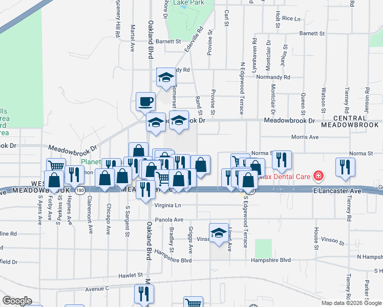 map of restaurants, bars, coffee shops, grocery stores, and more near 2500 Rand Street in Fort Worth