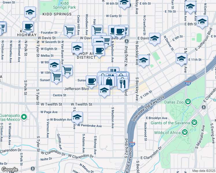 map of restaurants, bars, coffee shops, grocery stores, and more near 333 Jefferson Boulevard in Dallas