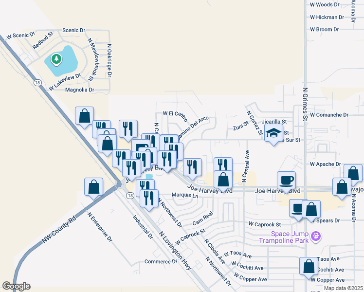 map of restaurants, bars, coffee shops, grocery stores, and more near 1611 West Camino Del Arco in Hobbs