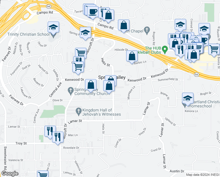 map of restaurants, bars, coffee shops, grocery stores, and more near 3423 Helix Street in Spring Valley