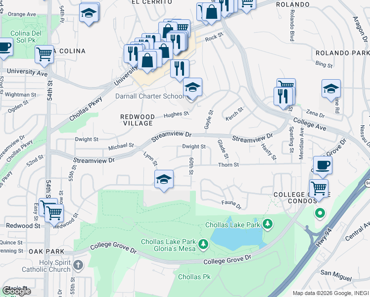 map of restaurants, bars, coffee shops, grocery stores, and more near 5983 Dwight Street in San Diego