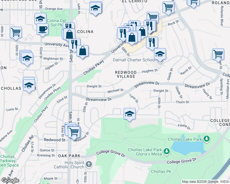 map of restaurants, bars, coffee shops, grocery stores, and more near 5645 Michael Street in San Diego