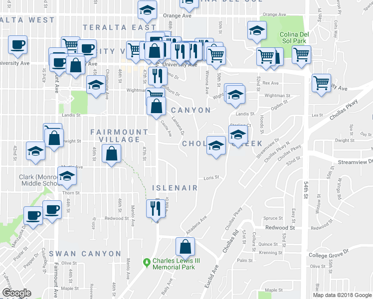 map of restaurants, bars, coffee shops, grocery stores, and more near 4950 Lantana Drive in San Diego